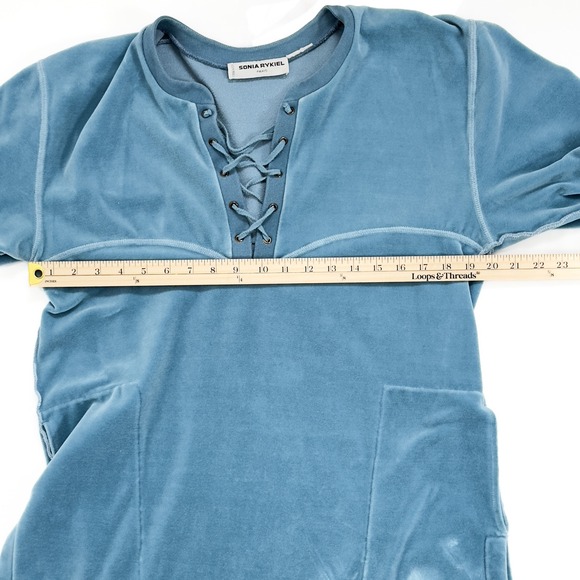 Vintage 90s Y2K Sonia Rykiel Paris Blue Velour Lace-Up Mini Tunic - L - Picture 3 of 6